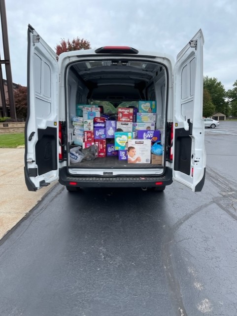 Diaper donations in the back of a Diaper Bank of Greater Cleveland van.